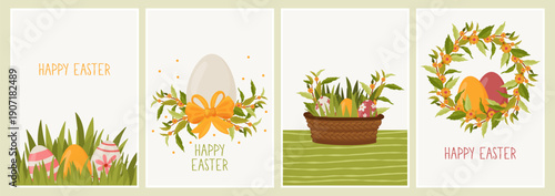 Collection of four Easter greeting cards. Features painted eggs in green grass, eggs with yellow bows, wicker baskets, and floral wreaths. Digital hand-drawn holiday illustrations in flat style