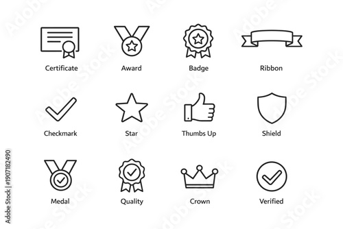 Award and certification icon set including medal badge ribbon checkmark and shield symbols