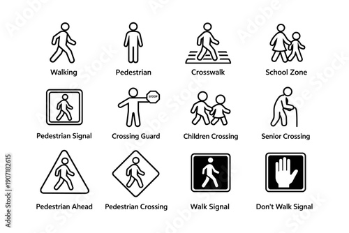 Pedestrian safety icons: walking, crossing, school zones, and signals