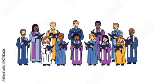 A diverse multi-generational choir of children and adults singing, holding open songbooks, dressed in various colorful robes.