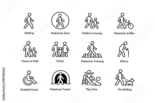 Pedestrian symbols: walking, crossing, elderly, disabled access, play zone