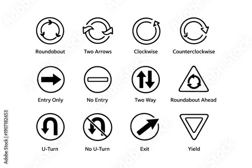 Traffic sign icons: arrows, roundabout, entry, u-turn, yield, and exit symbols