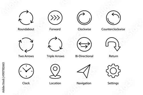 Set of circular and directional icon designs illustrating motion and navigation