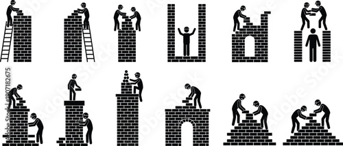 People building brick wall teamwork construction collaboration teamwork success concept builders silhouette cad drawing flat vector illustration isolated on white background