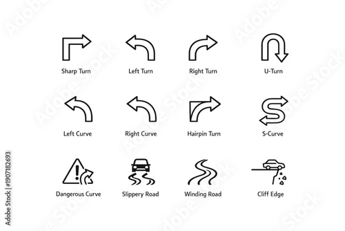 Road sign icons: sharp turns, curves, slippery roads, and cliff edges