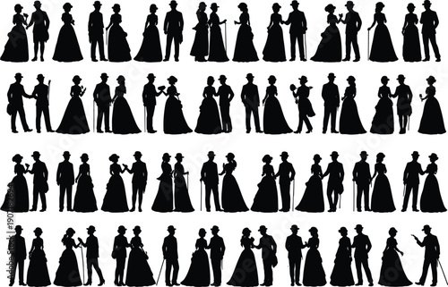 Elegant Victorian era couples silhouettes dancing and standing together, classic men and women figures in formal dresses, vintage black vector illustration isolated on white background