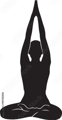 Black silhouette of a person in lotus pose with hands clasped overhead yoga meditation