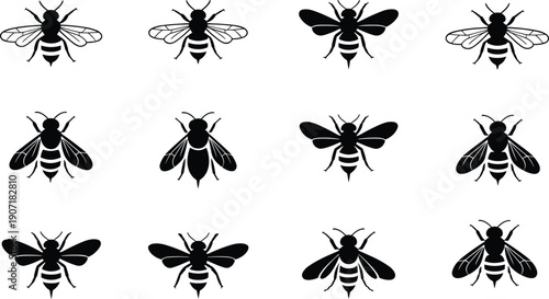 Black Honey Bee Silhouette Collection Featuring Various Flying Insects Wasp and Bumblebee Icons Isolated on White Background for Beekeeping Nature Conservation and Graphic Design Projects