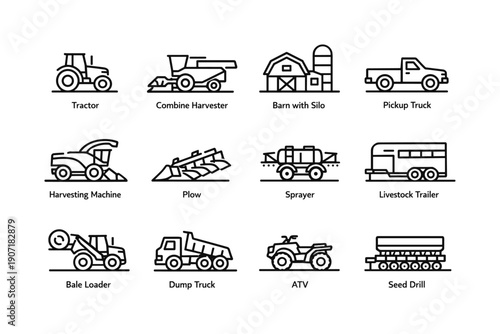 Outline icons of farm machinery and equipment for agriculture