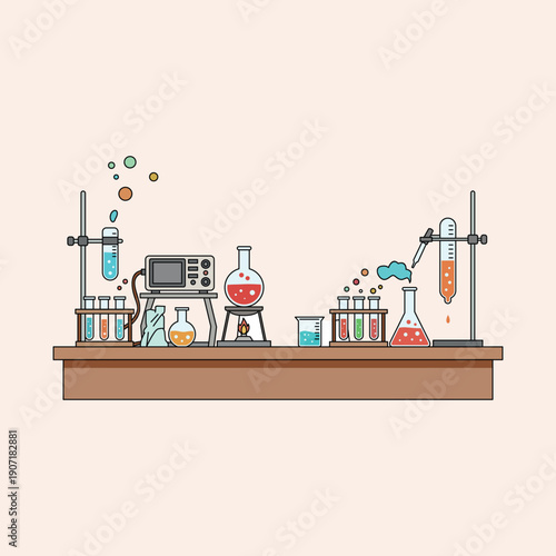Detailed vector illustration of a bustling science laboratory setup with various chemical experiments in progress, featuring test tubes, beakers, flasks, and analytical instruments on a wooden bench