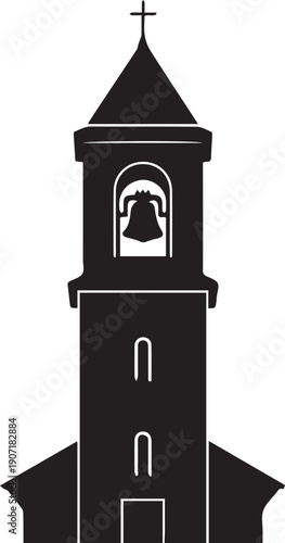 Church bell tower with cross silhouette vector illustration on transparent background