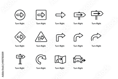 Various turn right road signs icon set