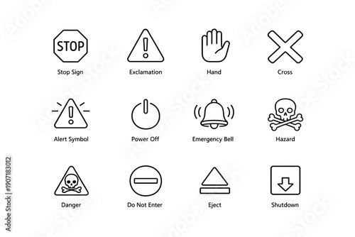 Vector line icons of warning signs: stop, alert, power, emergency, hazard symbols