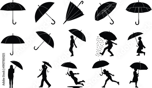 Black Umbrella Silhouettes Set Featuring Various Canopy Angles Closed Positions and People Walking Running Jumping and Carrying Parasols Isolated Vector Illustration Icons Collection