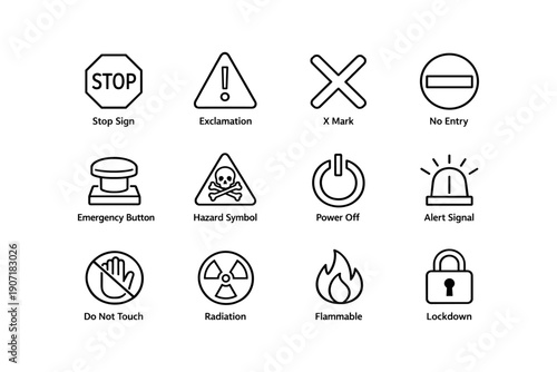 Warning and safety icons set with signs and symbols