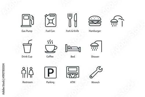 Gas pump fuel can fork knife hamburger icons for amenities and services
