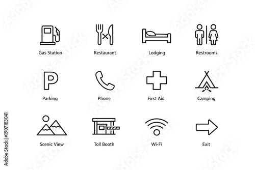 Set of minimalist road trip icons: gas station, restaurant, lodging, restrooms, and more