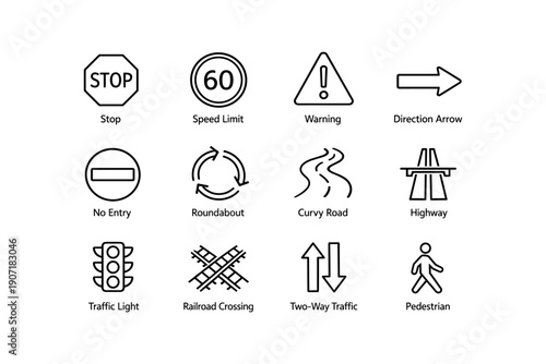 Road signs collection: stop, speed limit, warning, direction arrow, no entry, roundabout, curvy road, highway