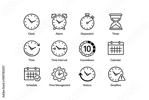 Collection of timekeeping icons including clock, stopwatch, calendar, and timer symbols