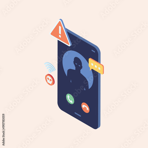 Cybersecurity Alert Isometric Smartphone Displaying a Suspicious Incoming Call from an Anonymous Profile, Surrounded by Digital Warning Icons for Phone Scams, Online Fraud, and Potential Cyber Threats