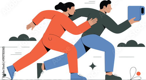 Woman in orange outfit running behind man holding blue smartphone blue jeans