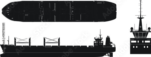 Detailed black cargo ship silhouette set featuring side view, top down plan, and front elevation isolated on white for maritime logistics and global trade.