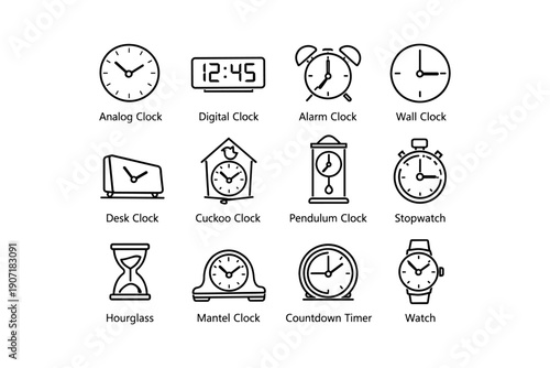 Variety of clocks: analog, digital, alarm, wall, desk, cuckoo, pendulum, stopwatch, hourglass, mantel, countdown, watch