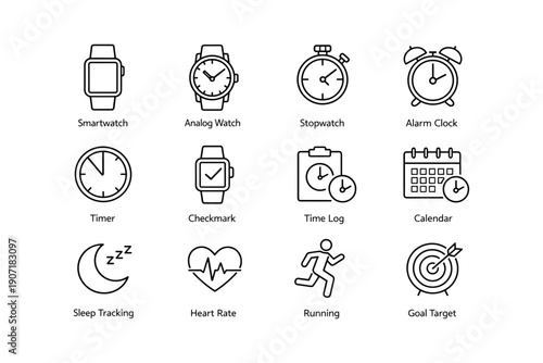 Icon set of watches, clocks, and fitness tracking symbols