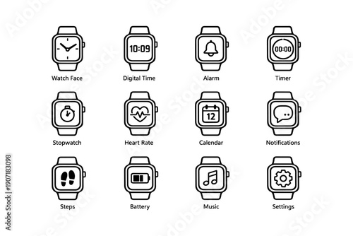 Smartwatch icon collection: timer, alarm, calendar, music, heart rate, notifications, settings