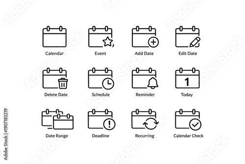 Calendar icons: event, add, edit, delete, schedule, reminder, today, date range, deadline, recurring, check