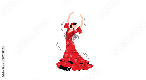A faceless woman in a red flamenco dress with a pattern and ruffles dances, motion lines visible, on white background.