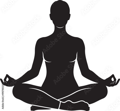 Black silhouette of a person meditating in lotus pose with hands in mudra yoga