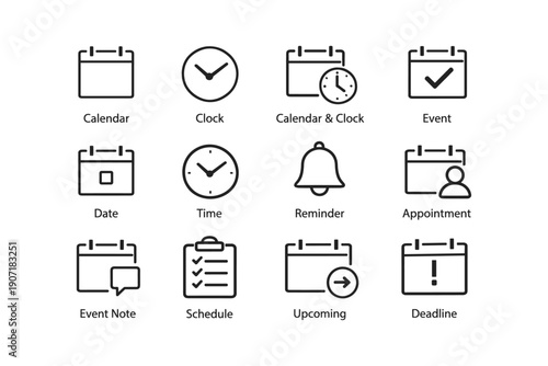 Simple icons of calendar, clock, event, reminder, and appointment symbols