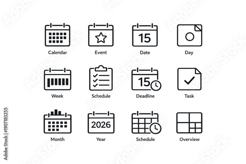 Calendar and task management icons: schedule, deadline, event, month, year