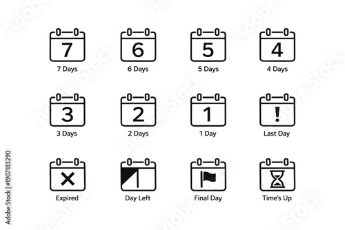 Minimalist calendar countdown icons displaying days remaining and deadlines