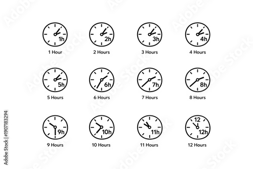 Clock icons showing time progression from 1 to 12 hours