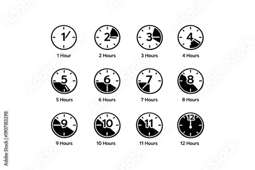 Clock icon set illustrating time progression from 1 to 12 hours