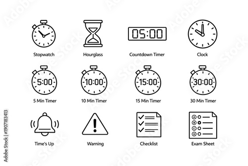Time measurement icons: stopwatch, hourglass, countdown, clock, alarms