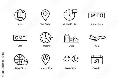 Global time icons set: clock, map, and calendar symbols for scheduling