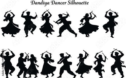 Traditional Indian Dandiya Raas dancer silhouettes celebrating Navratri folk dance culture with rhythmic stick movements, festive costumes, and dynamic Garba inspired poses