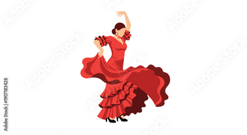 A faceless woman in a red tiered flamenco dress with a flowing skirt dances dynamically, arm raised, on white.