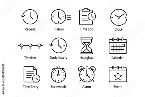 Collection of time management icons including clock, calendar, stopwatch, and alarm symbols