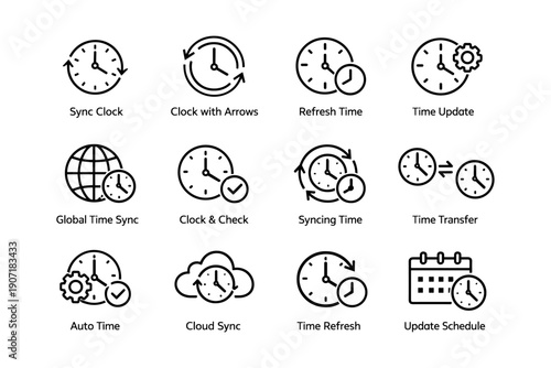 Time management icons: clocks, arrows, gears, and calendar illustrations for scheduling