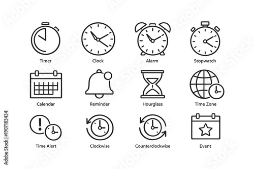 Time management icons: timer, clock, alarm, stopwatch, calendar, reminder, hourglass