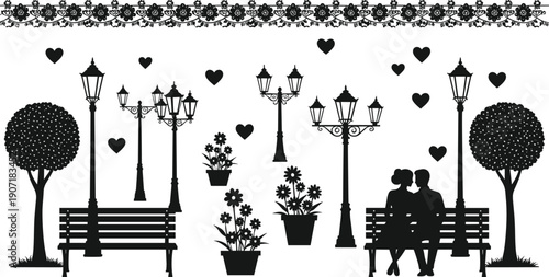 Romantic park silhouette scene with couple on bench, street lamps, trees, and hearts, elegant black illustration representing love, dating, Valentine’s Day, and relationship concepts