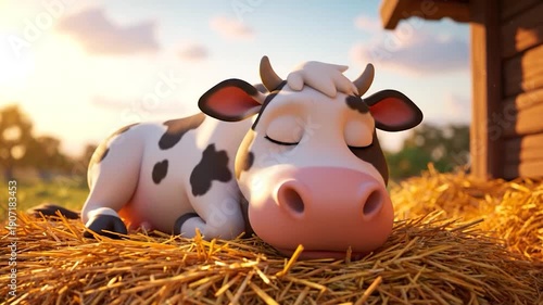 A cartoon cow rests peacefully on hay, near a wooden structure, in a sunny outdoor setting
