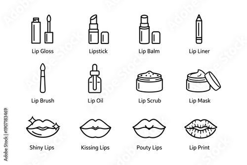 Different lip product icons collection featuring gloss, stick, balm, liner, brush, oil, scrub, mask