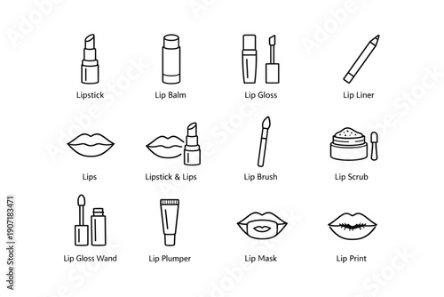 Collection of lip care and makeup icons: lipstick, balm, gloss