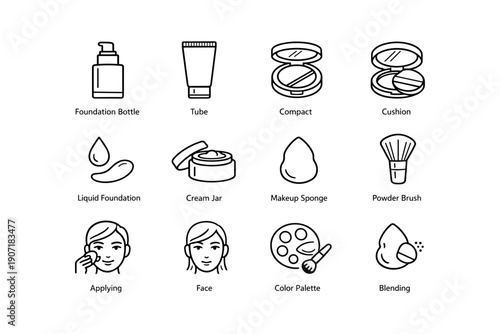 Makeup tools and techniques outline icons: foundation, compact, brush, and more