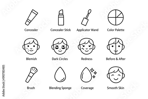 Makeup icons: concealer, applicator, color palette, blemish, smooth skin